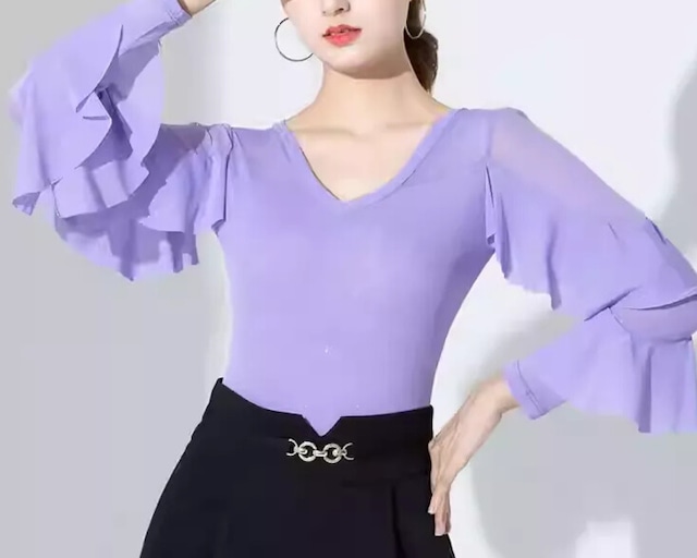 フレアスリーブ Vネック フリル ダンストップス (レオタードタイプ選択可) ds1106