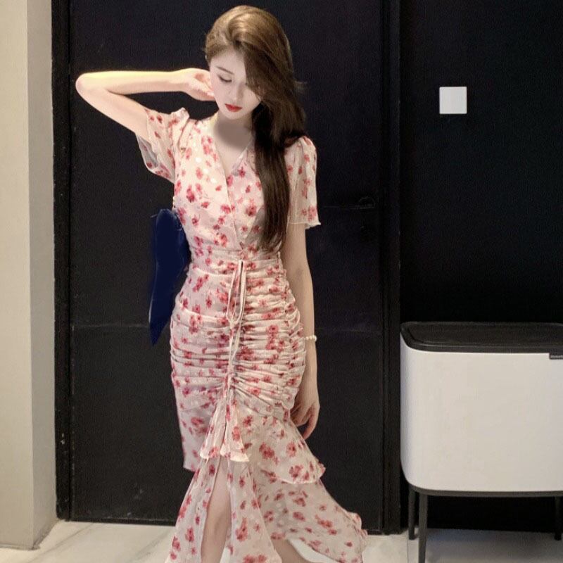 フローラルドレス スカート サマーVネック ピンク 夏物 花柄 ピュア YY-ファッション82013118056