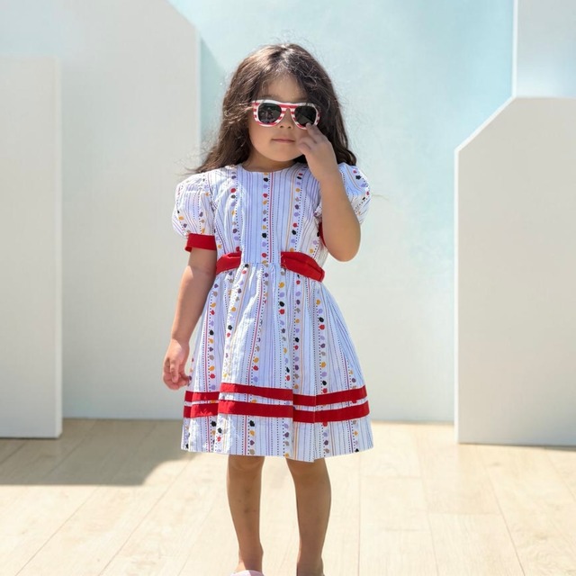 【KIDS】Vintage Handmade Ribbon Dress White × Red size: 100–120cm（3-5y）