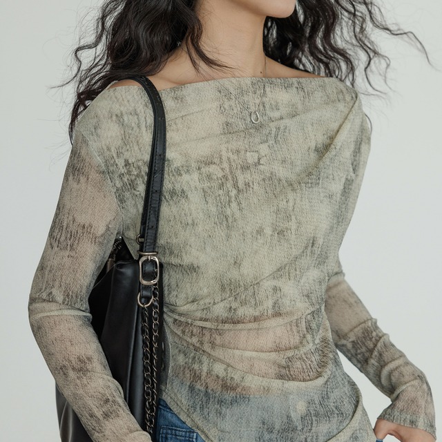 asymmetry boat-neck sheer top L0295