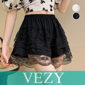 ペチパンツ 5段レースフリル ペチコート チラ見せ防止 キュロットインナーパンツ ウエストゴム 見せパンツ 透け防止 部屋着 ハイウエストナイトウエア 下着 アンダーウェア ベジー VEZY ItemNo.【19489946 】