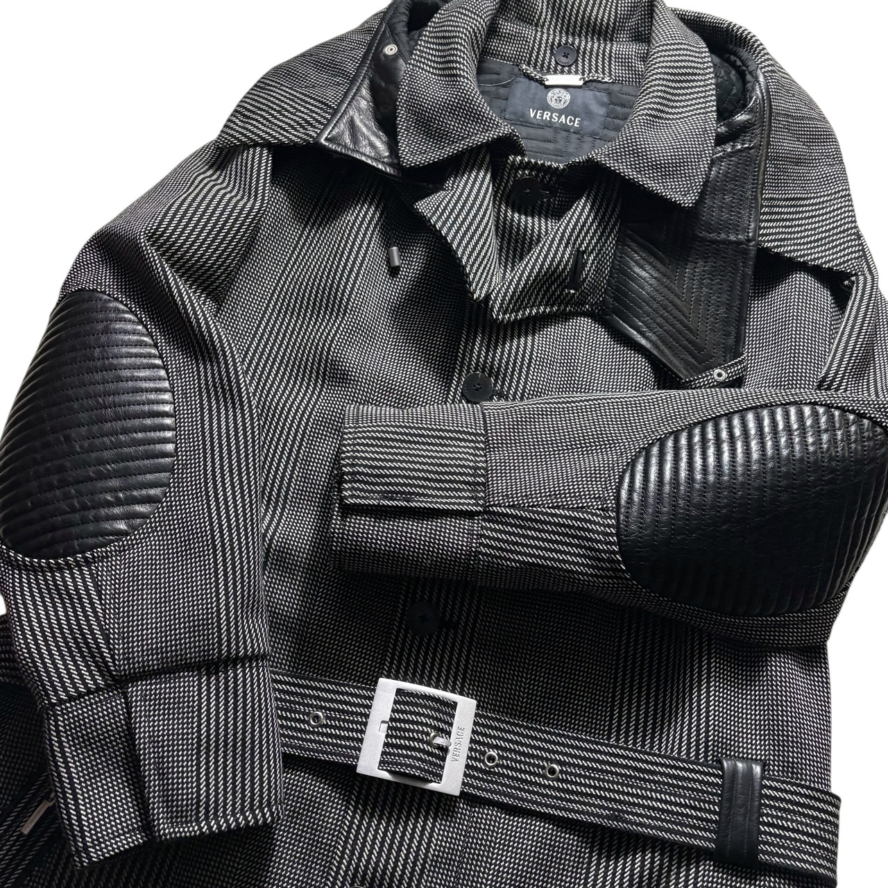 VERSACE tweed × leather coat