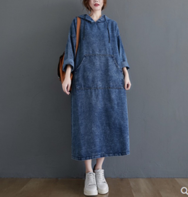 パーカーワンピース ワンピース ロング丈 デニム生地 秋冬 カジュアル P111 La Vie En Rose