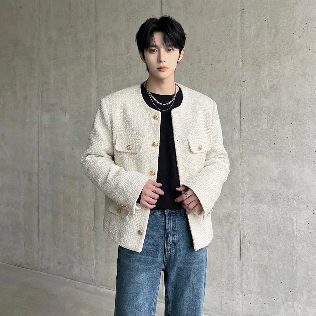 ゴールドボタン ノーカラーツイードジャケット 2カラー D10306 | 韓国