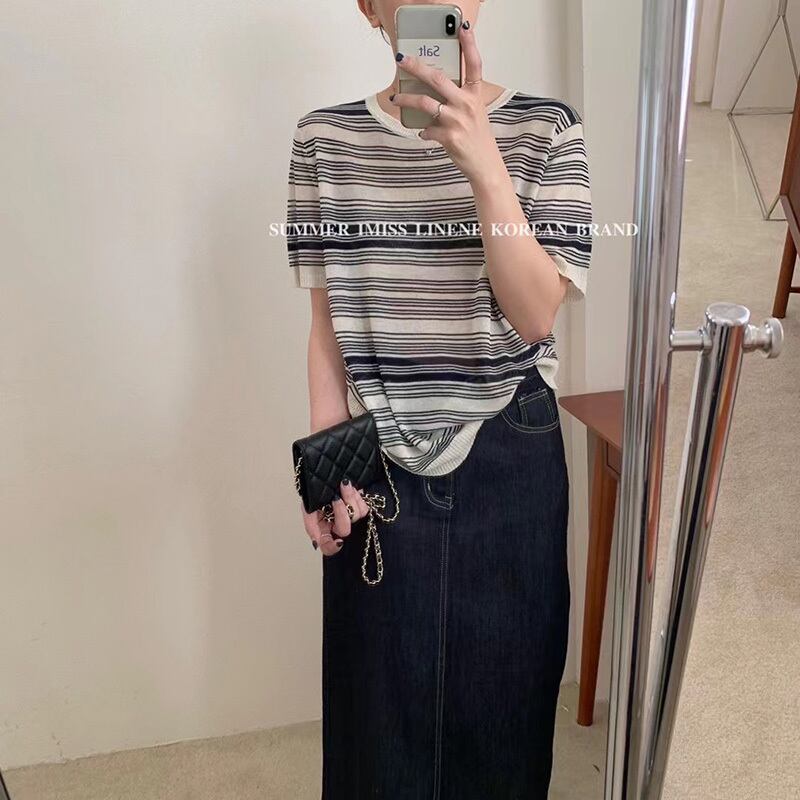 ストライプニットTシャツ サマー薄手ラウンドネック半袖スリーブ ショート ハーフスリーブ 夏物 Oネック ビッグFスモールZ韓国73502815484