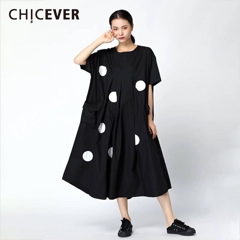 CHICEVER Spring DotPrintレディースドレスOネック半袖パッチワークポケットルーズオーバーサイズドレス2020 ショート ハーフスリーブ スプリング 春物 6base519049348886