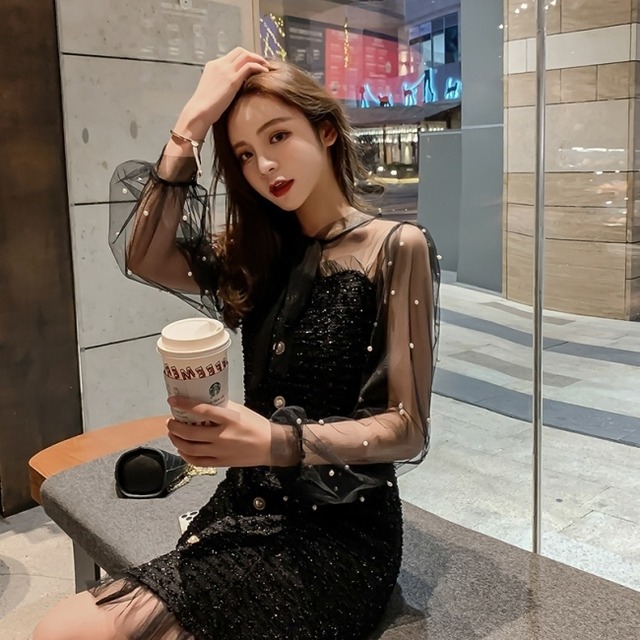 シースルー ワンピース ドレス 韓国 ファッション レディース 春服 レディース お呼ばれ ワンピース ドット パーティードレス ワンピース ツイード調 リボン 膝上 ワンピース 大人可愛い ドレスワンピ 結婚式 二次会 春物 Vestito