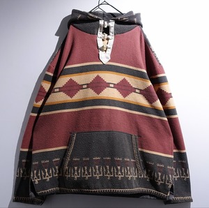 90s Multicolor Native Pattern Toggle Button Cotton Fleece Parka