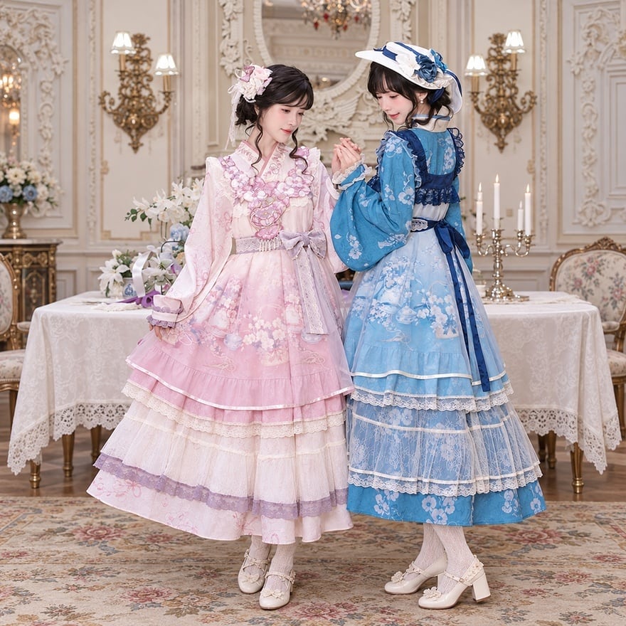 花霞の夢庭 淡い花と重ねレースの和風ロリータ|交差衿ロングワンピース