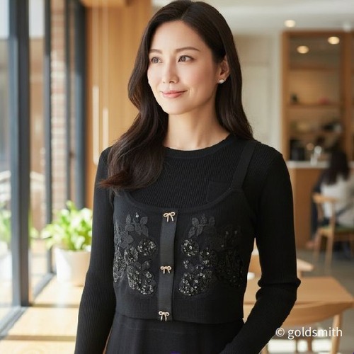 スーパービューティー ビスチェ ボレロ スパンコール刺繍 2421016 ブラック 2024年秋冬リブニット スナップボタン仕様 オーラボー Super Beauty 大人かわいい服 30代 40代 50代 60代