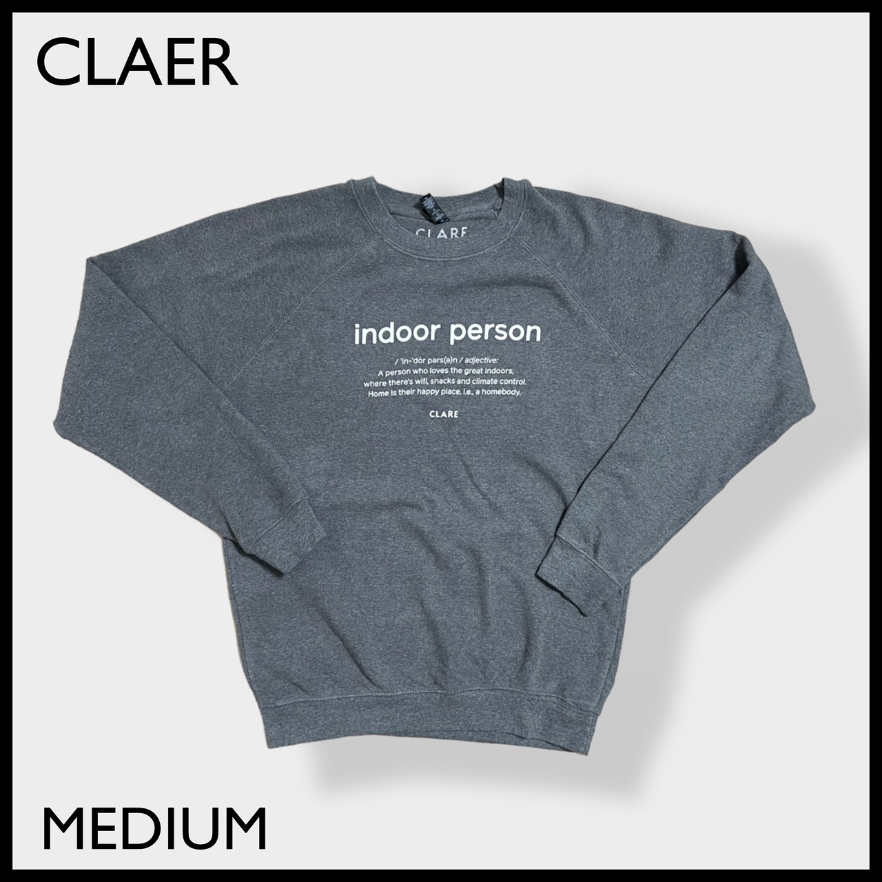 【CLAER】indoor person インドア派 ロゴ プリント スウェット トレーナー プルオーバー ラグランスリーブ M グレー US古着