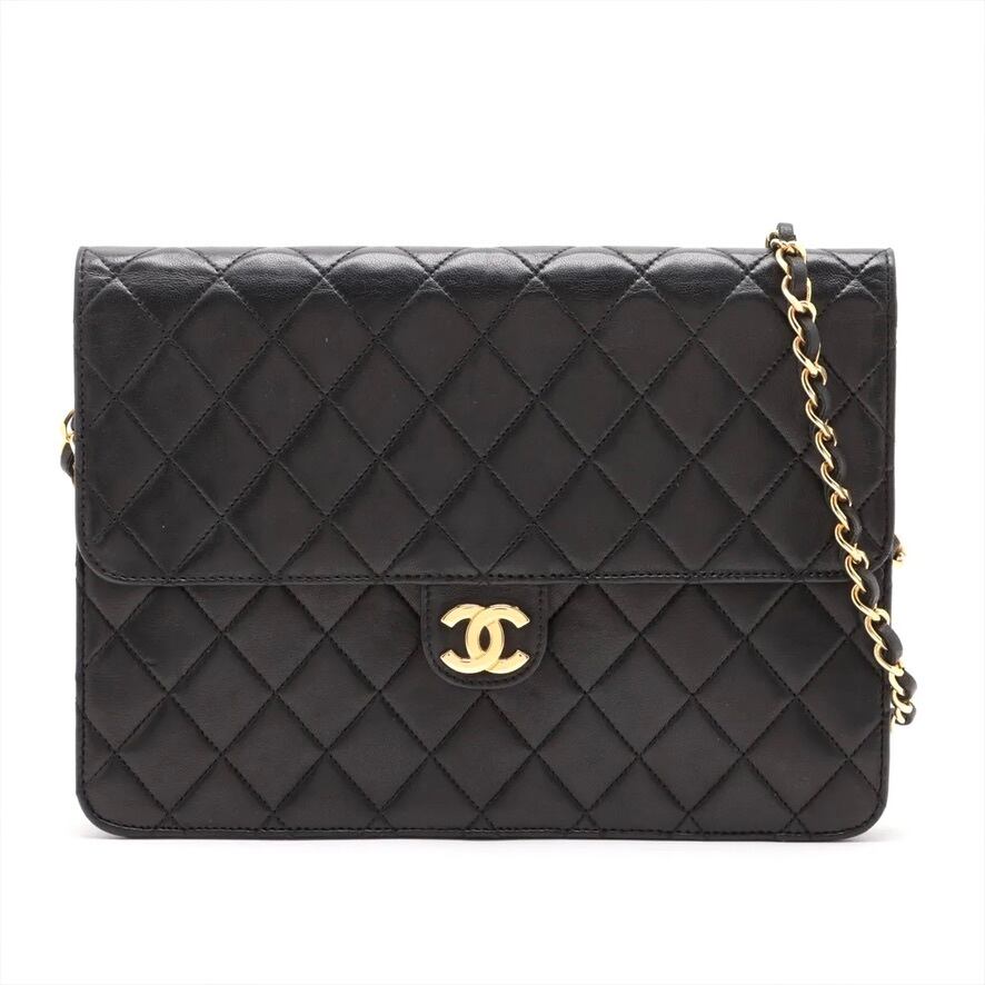 Rare◇CHANEL Matelassé Lambskin Chain Shoulder Bag Push Lock Black Gold Unisex