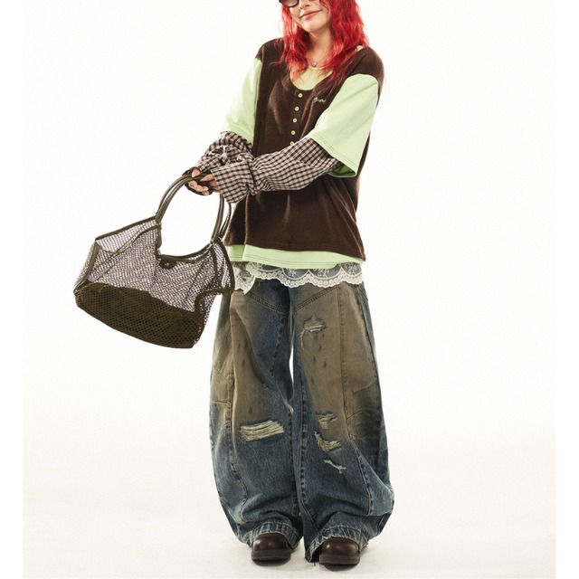 layered design checkered sleeve long tee　レイヤードデザインチェック柄スリーブロングティー　J1726