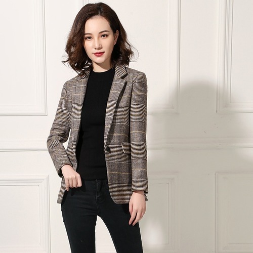 テーラードジャケット　チェック柄　ワンボタン　長袖　ポケット　ウール　オフィス　カジュアル　秋冬　レディース