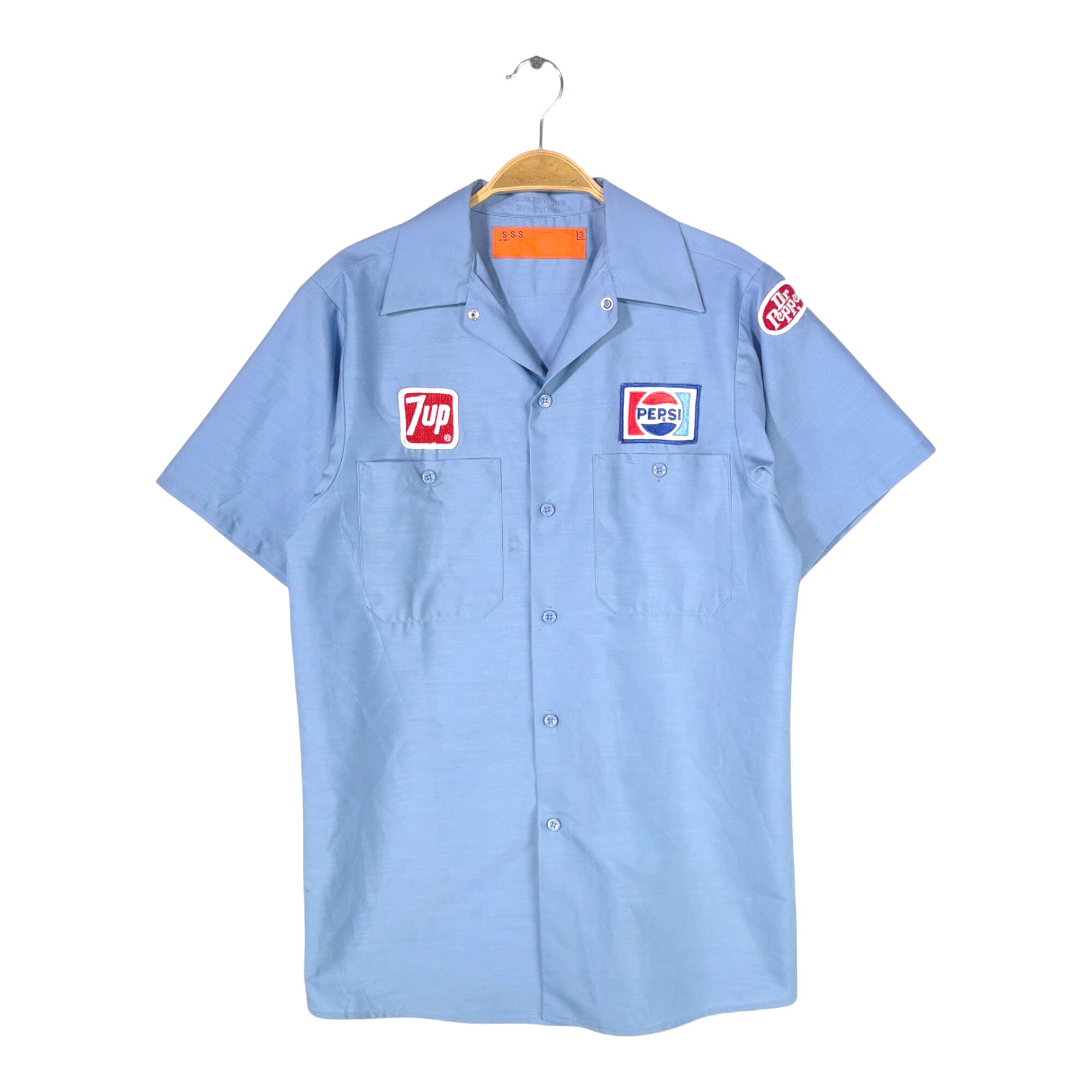 80s ドリンク配達員 ヴィンテージワークシャツ セブンアップ ペプシ ドクターペッパー ワッペン 半袖シャツ メンズS 古着 @CB1327