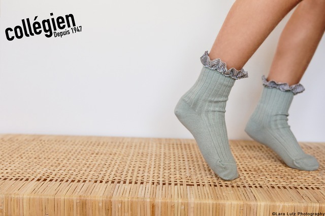 collegien / Brigitte - Gingham Ruffle Ribbed Ankle Socks