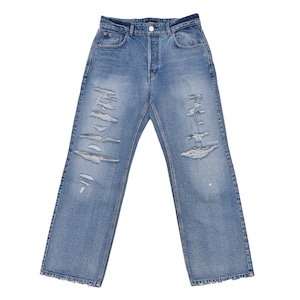 【WE11DONE】BLUE MENS EMBROIDERED DISTRESSED DENIM PANTS