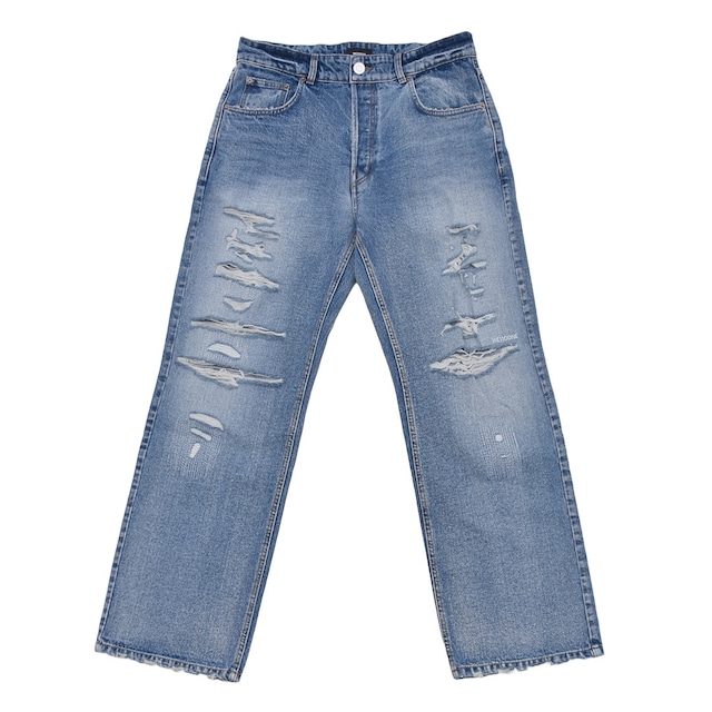 【WE11DONE】BLUE MENS EMBROIDERED DISTRESSED DENIM PANTS