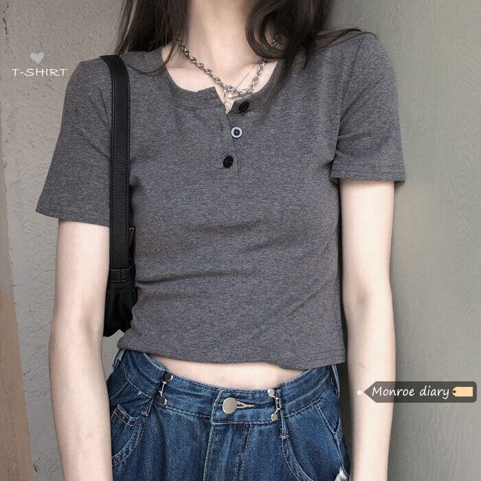 グレーショートTシャツ サマークロップドトップス 夏物 モンロー98676104010