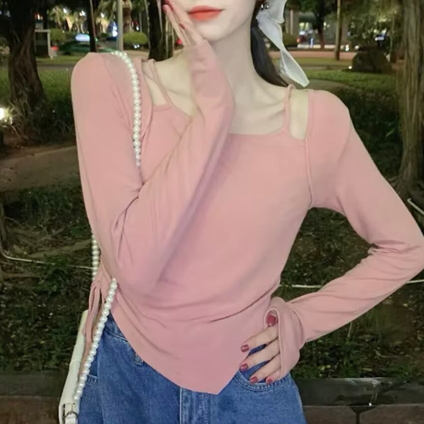 レイヤー風シャーリングロングTシャツ