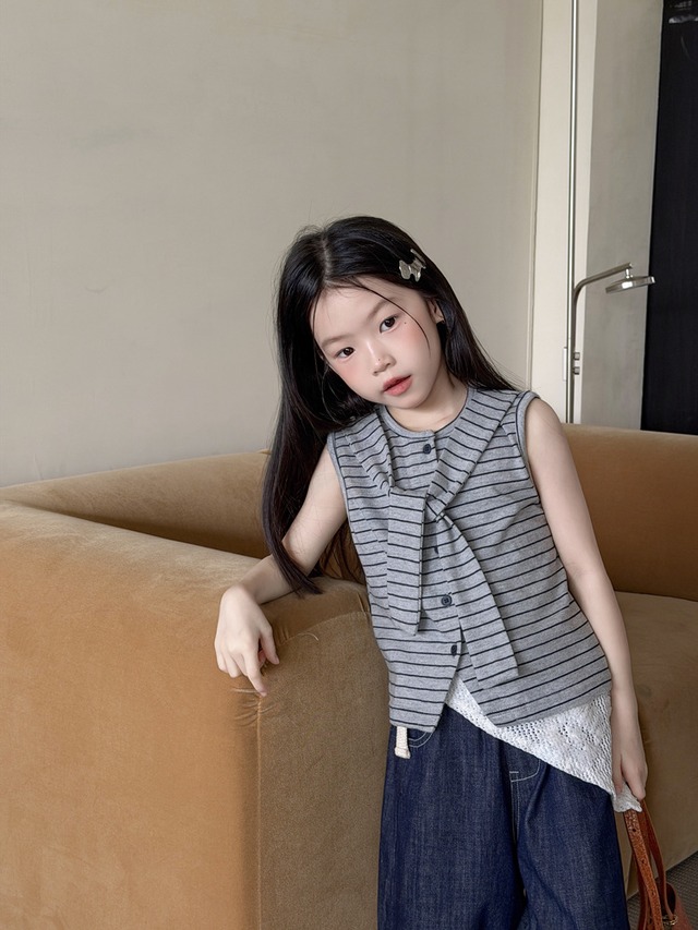 【KID】ワッフル地ストライプノースリーブTシャツ - 19