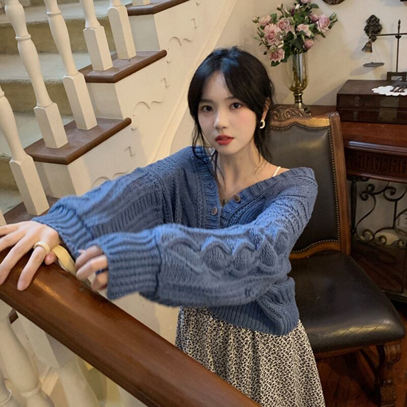 ブルーショートセーター コート オータムウィンタールーズスタンダードニットカーディガン レトロ スプリング 春物 秋物 冬物 試着室20419689380