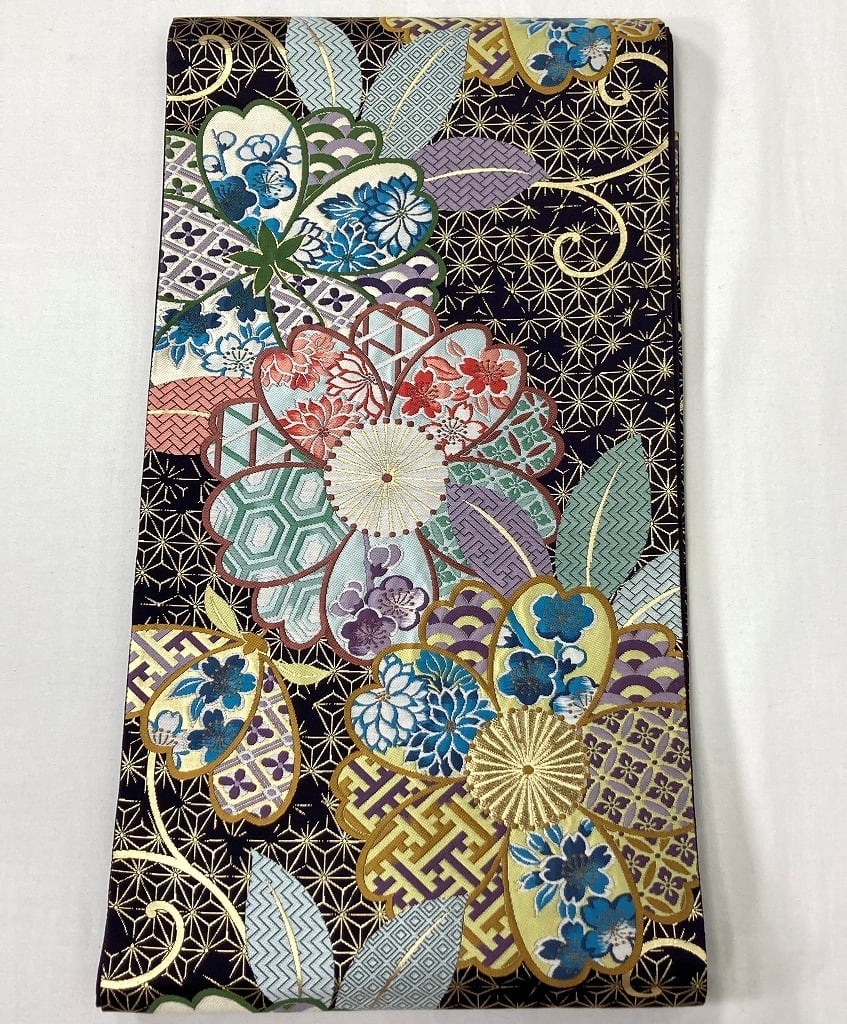 京友禅 斉藤三才 金駒刺繍 振袖 袋帯 トール 正絹 青緑 赤 黒 040