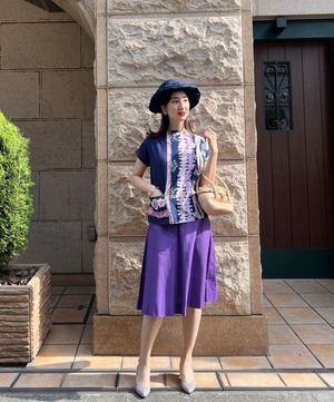 40s-50s Flower Print Navy Blouse