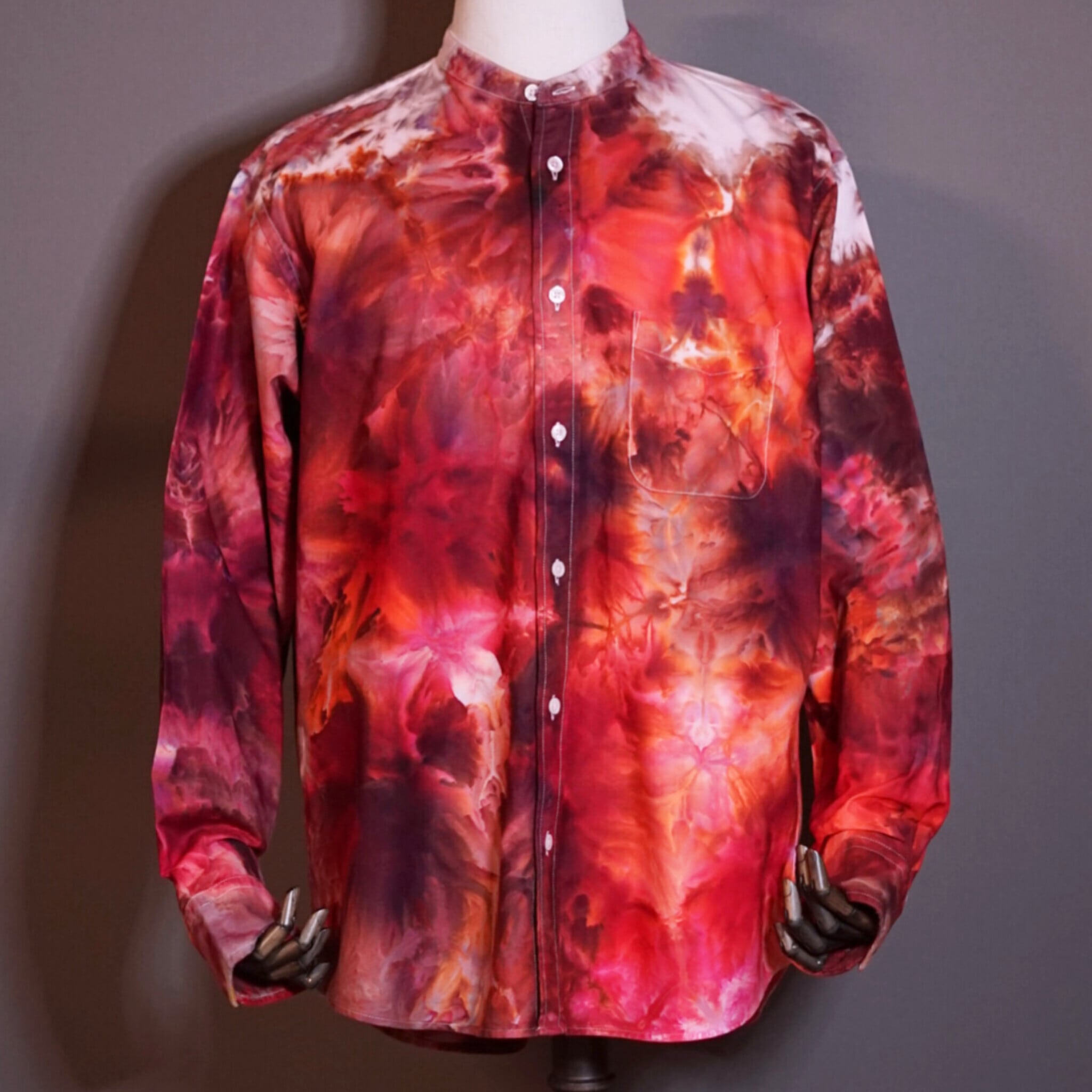 タイダイ染め 襟なしシャツ 長袖 - XLサイズ【オーロラ模様】