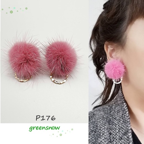 【サージカルステンレス　ピアス】ダークピンク　ミンクファー　ツイストリング　イアリング変更可