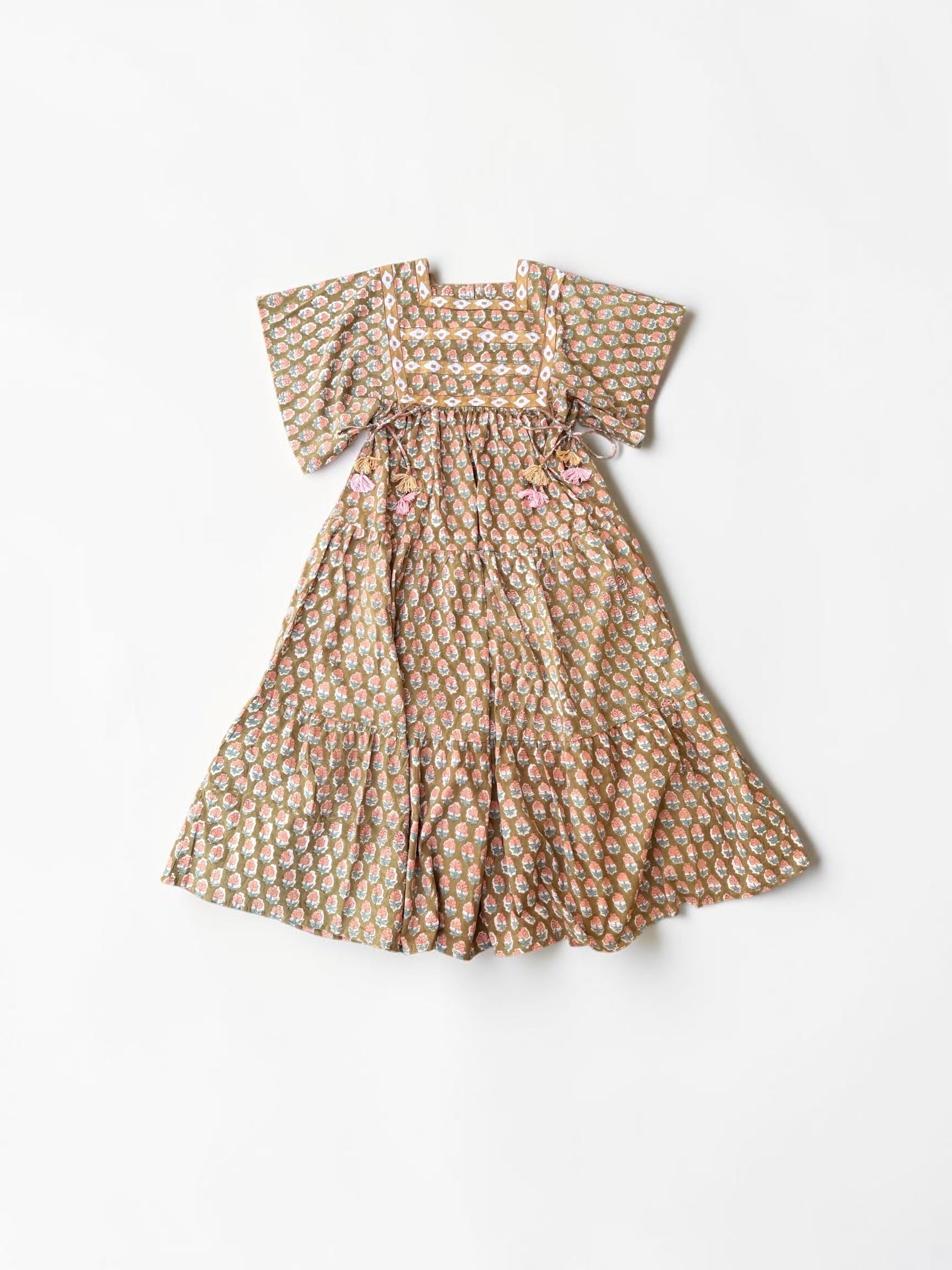 saruche Taped and Tassels ギャザー袖ワンピース 半袖 Cocoa Brown