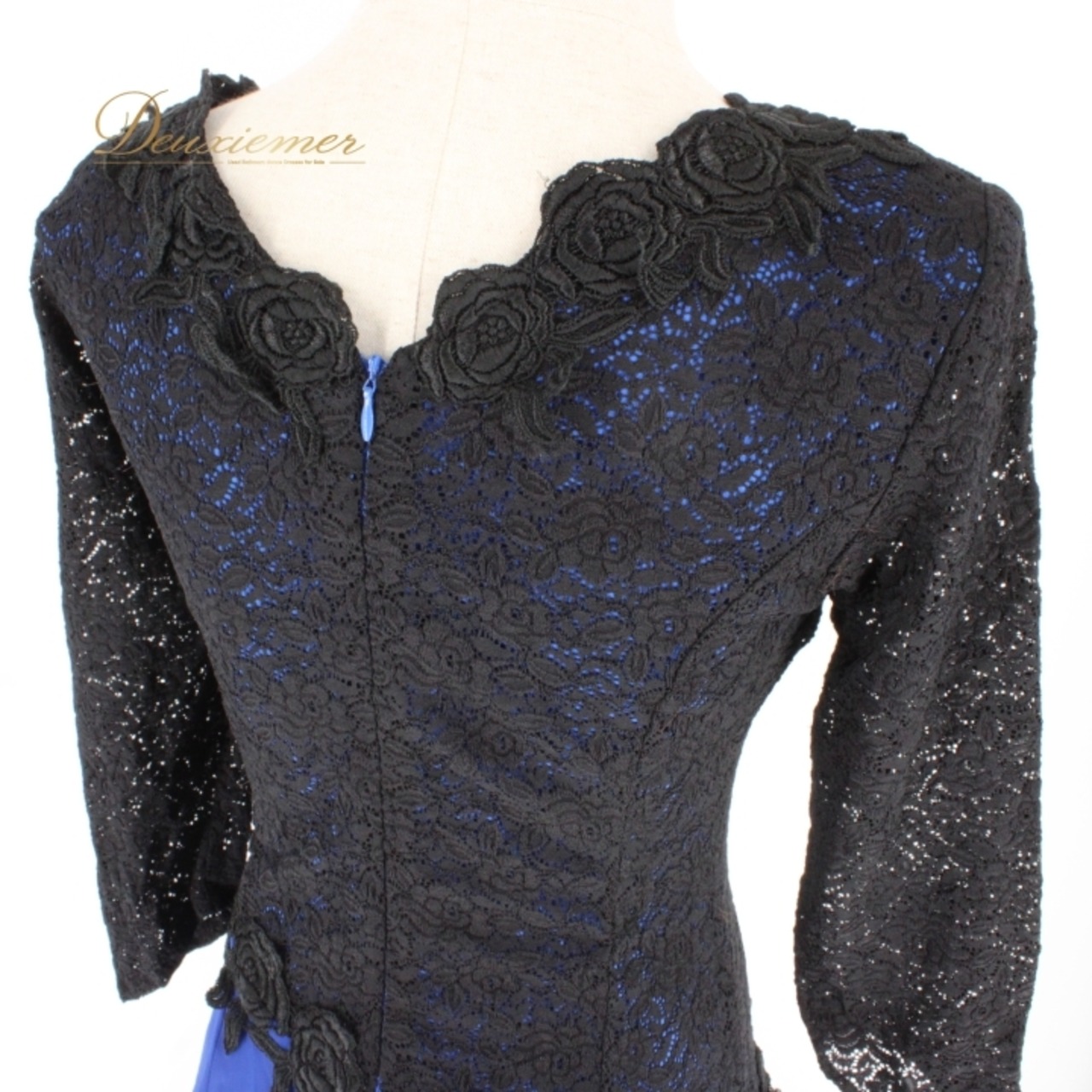 社交ダンス 衣装 スタンダード ドレス ワンピース パーティドレス スタンダードドレス 青 黒 ブラック系 ブルー系 花柄 レース 長袖 二重スカート ボリューム 優雅 動き ファスナー 伸縮性 肩パッド ポリエステル