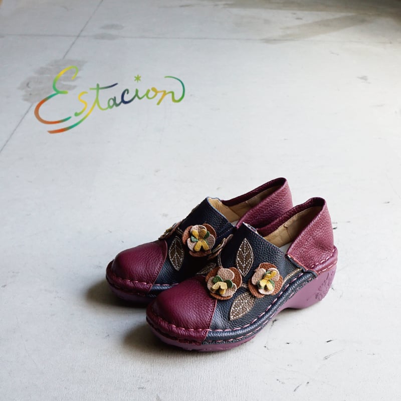 エスタシオン estacion フラワー 花 レザーストラップ シューズ Estacion エスタシオン フラワーモチーフレザースリッポン