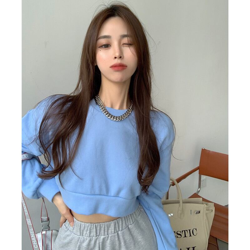 オータム薄手カジュアルセーター レディースショートラウンドネックソリッド カラートップス ロング 大人ガーリー スウィート キュート 秋物 Oネック ソリッドカラー ガールズファッション74192181842