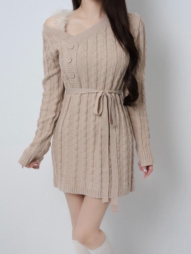Lumignon original ♥ Fur cable knit dress mini【ベージュ】