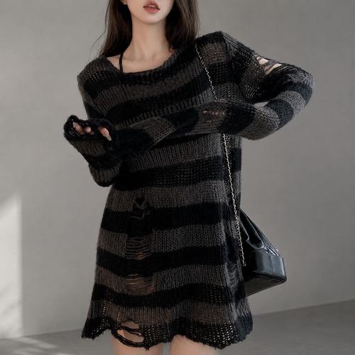 sheer mesh stripe wide tops / l0547