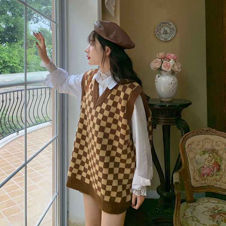 プラスサイズ脂肪チェック柄ニットベスト女性の春と秋の新しい