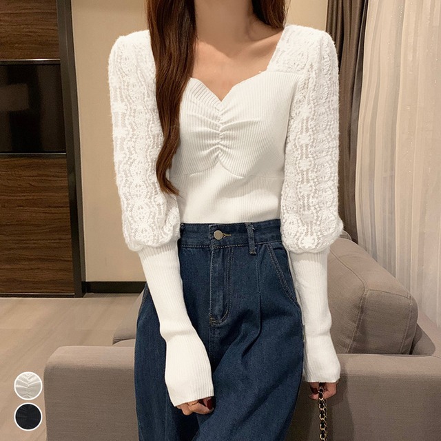 レース切り替え ニットトップス 韓国風