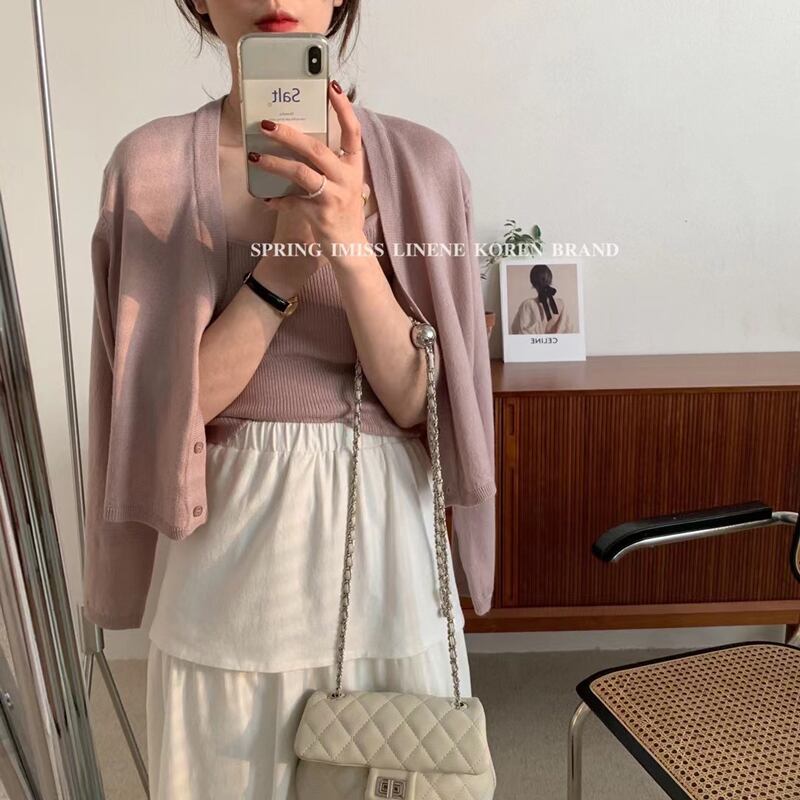 カラーVネックニットカーディガンスプリングショートボタントップス レディース 春物 ピュア ビッグFスモールZ韓国21586944001