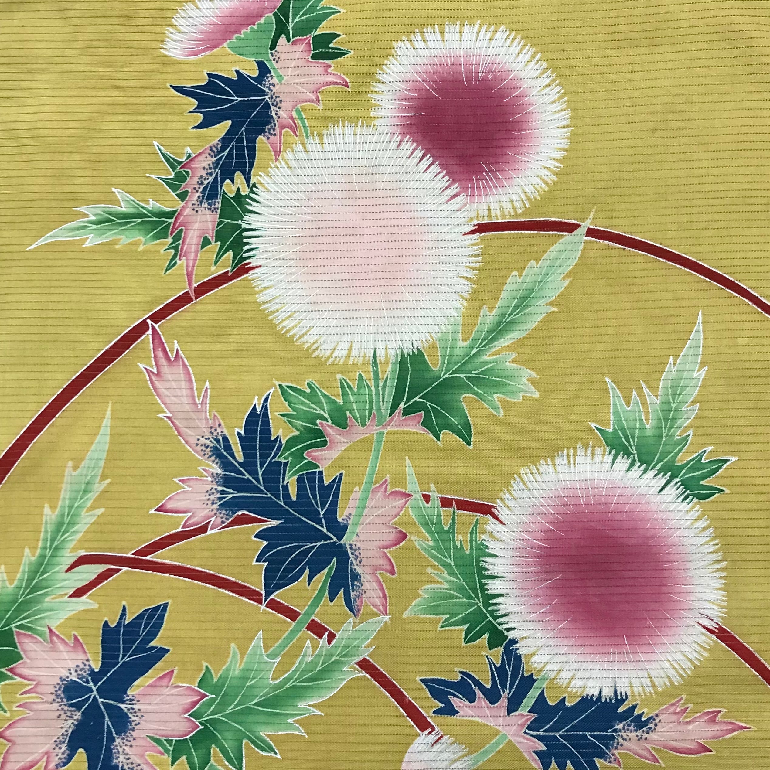 緑　花柄　刺繍　帯