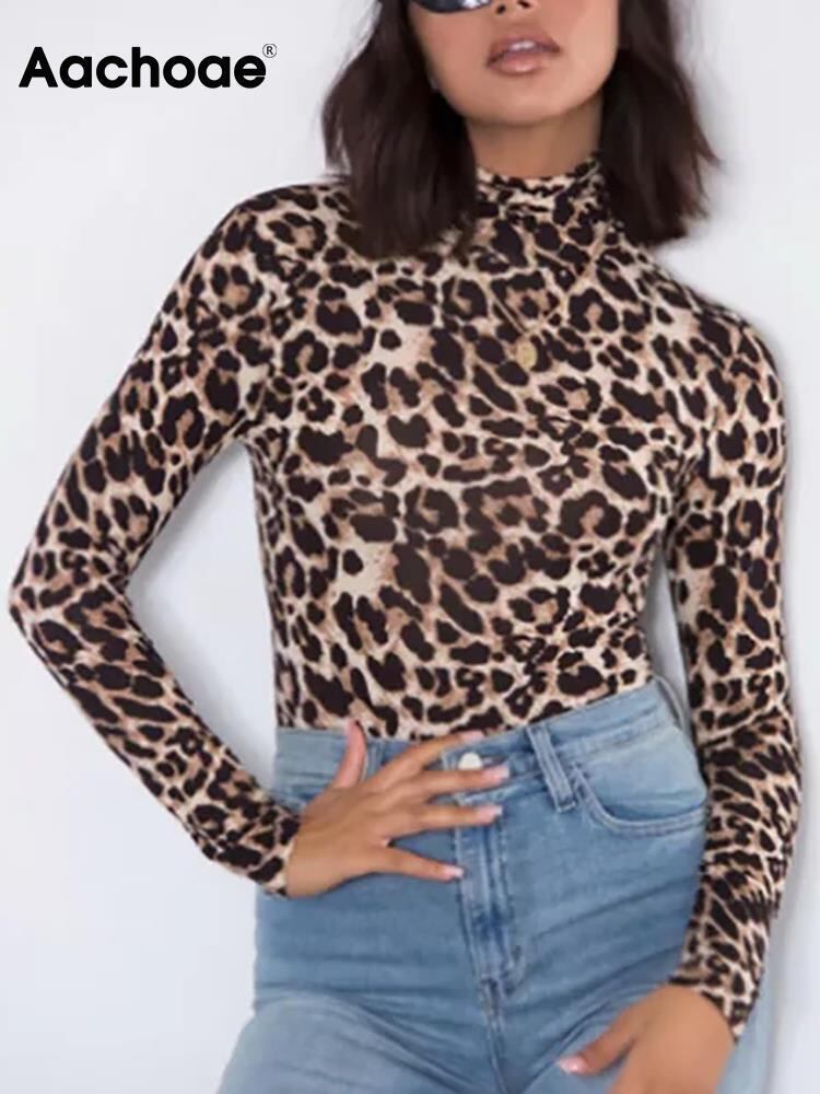 Aachoae ヒョウ柄ボディスーツスタンドカラー長袖ボディスーツセクシー