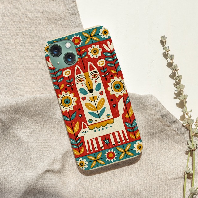 受注生産 iPhoneケース 白猫と太陽花の民芸パネル｜猫モチーフ PSYF067B