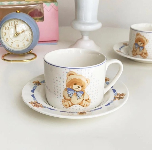 【お取り寄せ】★2点セット★ コーヒーカップ皿セット レトロ 韓国風 陶器 小さなクマ マグカップ