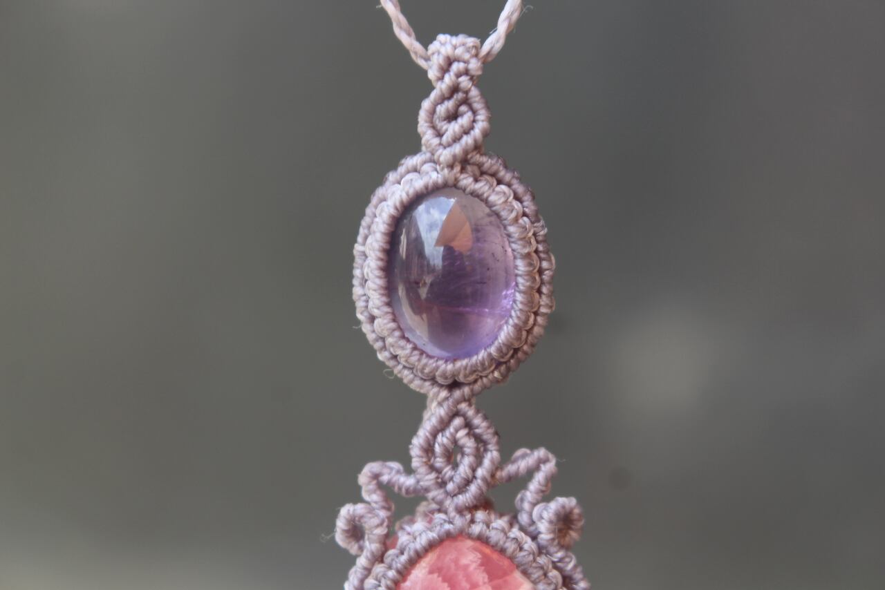 Rhodochrosite & Amethyst micro macrame pendant