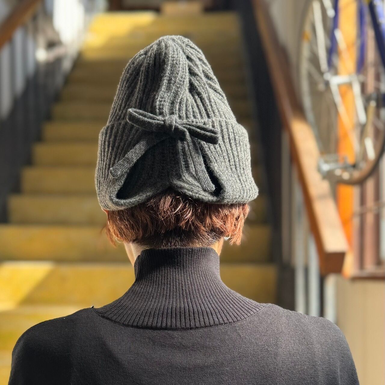 超希少繊維　QIVIUT キヴィアック　100% 手編み　ニット帽 ROWAN×Nagi's Knits 棒針編み込み折り返しニット帽 Navy＆Gray