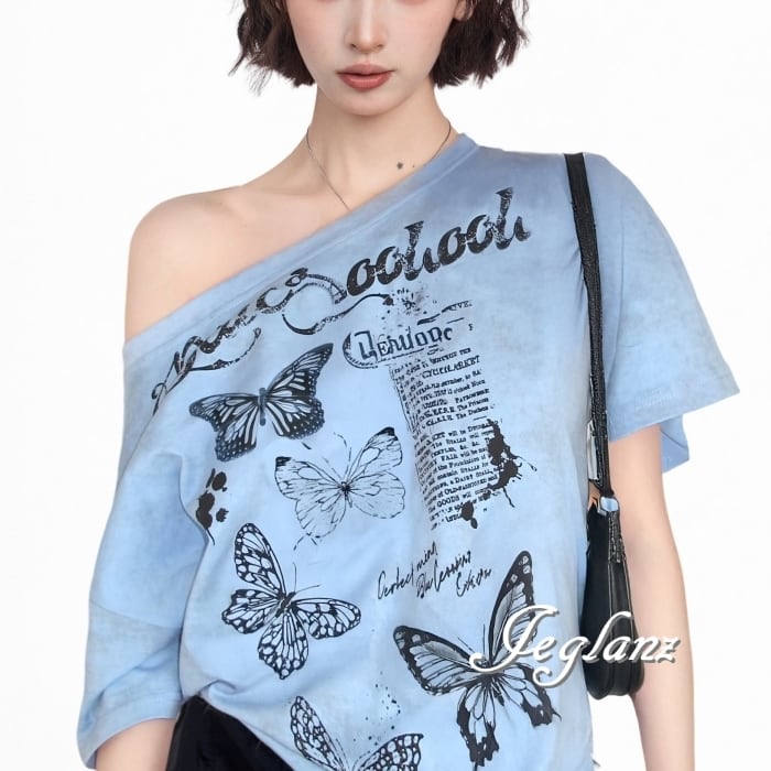 バタフライ 蝶 ロゴ Tシャツ ワンショルダー ユニセックス (MC779)β