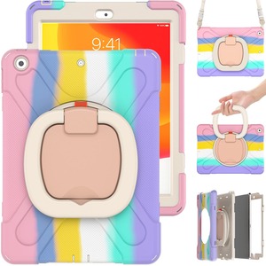 【在庫処分】肩掛け iPad Mini4 Mini5 ケース ショルダーストラップ 360°回転ベルト スタンド ペンシル収納 虹色 レインボー 米軍MIL資格 耐衝撃 アイパッドミニ5 ミニ4ケース キッズ かわいい て丈夫 子供 アウトドア リング 持ち手付き 斜め掛け 落下防止 (iPad mini4/mini5 カラフル（ピンク）)