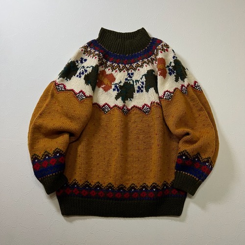 90s macau GAP　総柄　ノルディック柄　ALL PURE WOOL　ハイネック　ニット　セーター　ギャップ　オレンジ　ブラウン　L 古着