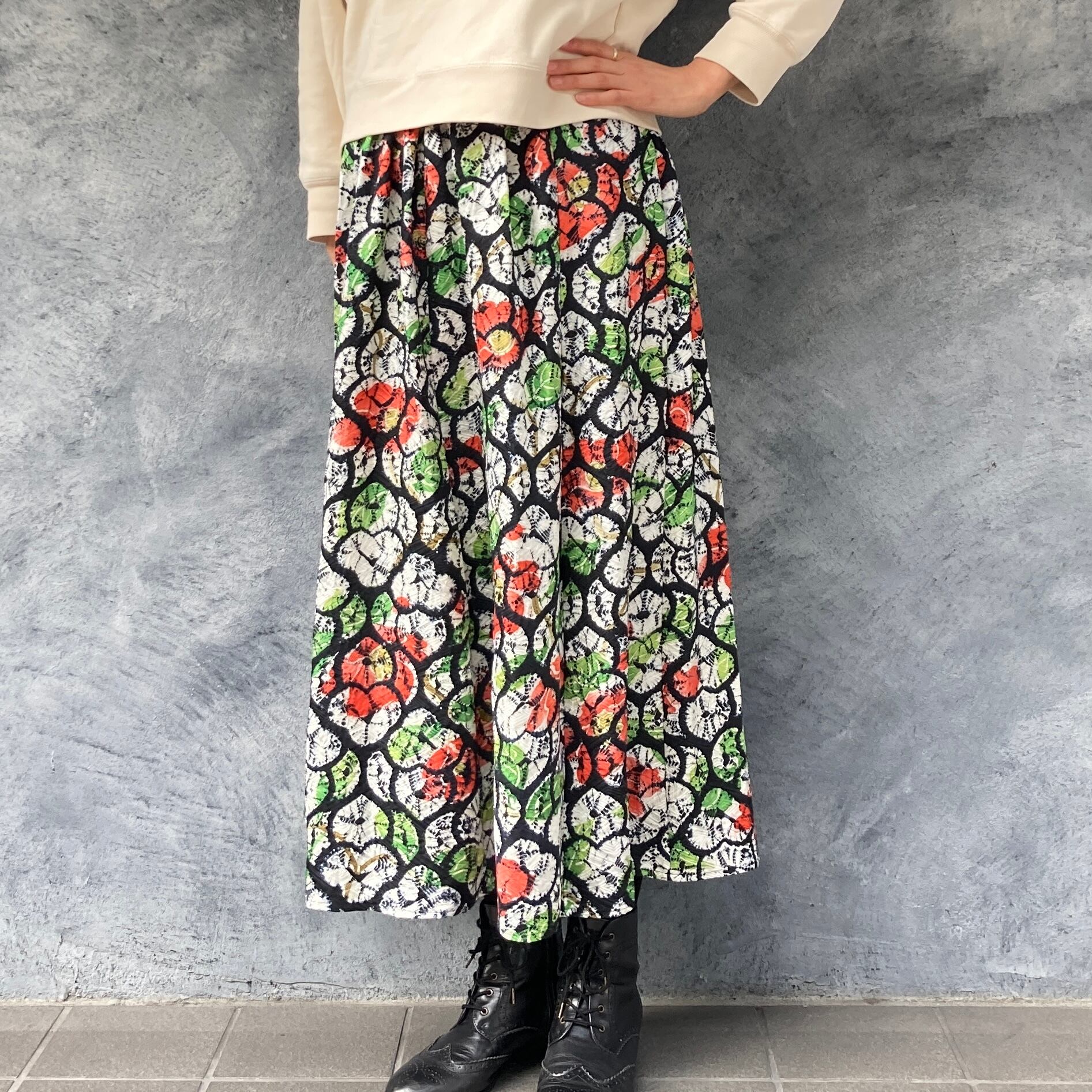 着物リメイクギャザーロングスカート - kimono elastic waist skirt 