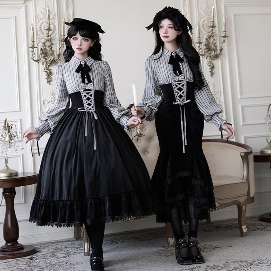 【凜ご飴】3点セット ゴスロリ・ロリータドレス Sサイズ クラロリ 3点セット ストライプ×コルセット風OP 女学園風｜WithU
